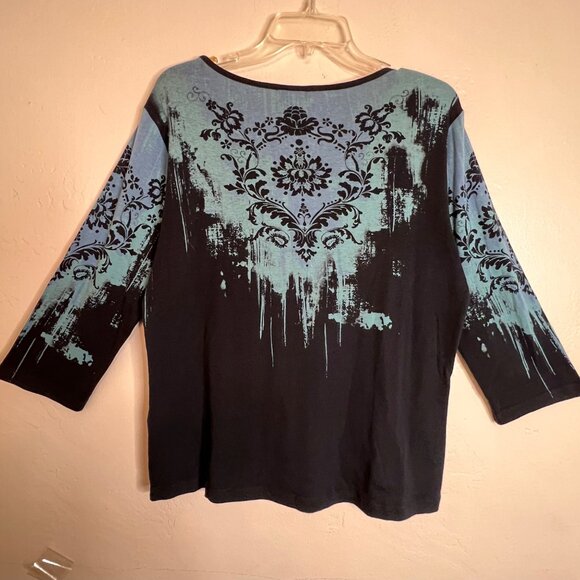 Katina Marie Womens L Blue & Black 3/4 Sleeve Sweater Elegant Damask Supima Cott - Picture 2 of 14